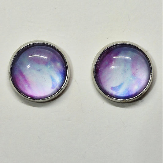 Purple Blue Swirl Glass Cabochon Stud Earrings | 12mm Round Silver Bezel Watercolor Studs | Ethereal Jewelry
