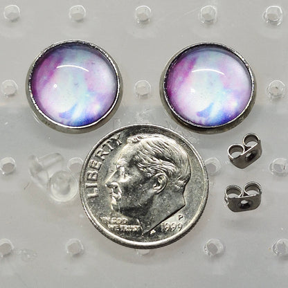 Purple Blue Swirl Glass Cabochon Stud Earrings | 12mm Round Silver Bezel Watercolor Studs | Ethereal Jewelry