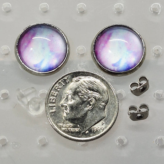 Purple Blue Swirl Glass Cabochon Stud Earrings | 12mm Round Silver Bezel Watercolor Studs | Ethereal Jewelry