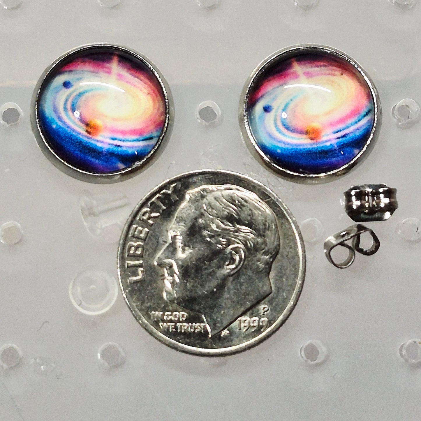 Spiral Galaxy Glass Cabochon Stud Earrings | 12mm Round Silver Bezel Cosmic Studs | Space Jewelry