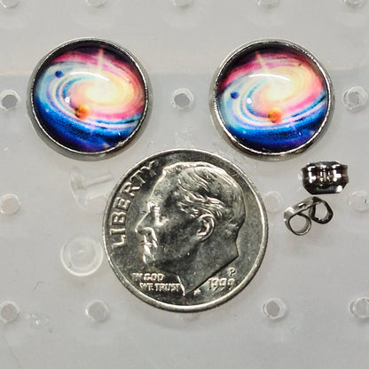 Spiral Galaxy Glass Cabochon Stud Earrings | 12mm Round Silver Bezel Cosmic Studs | Space Jewelry