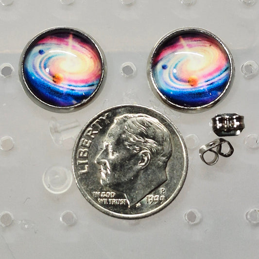 Spiral Galaxy Glass Cabochon Stud Earrings | 12mm Round Silver Bezel Cosmic Studs | Space Jewelry