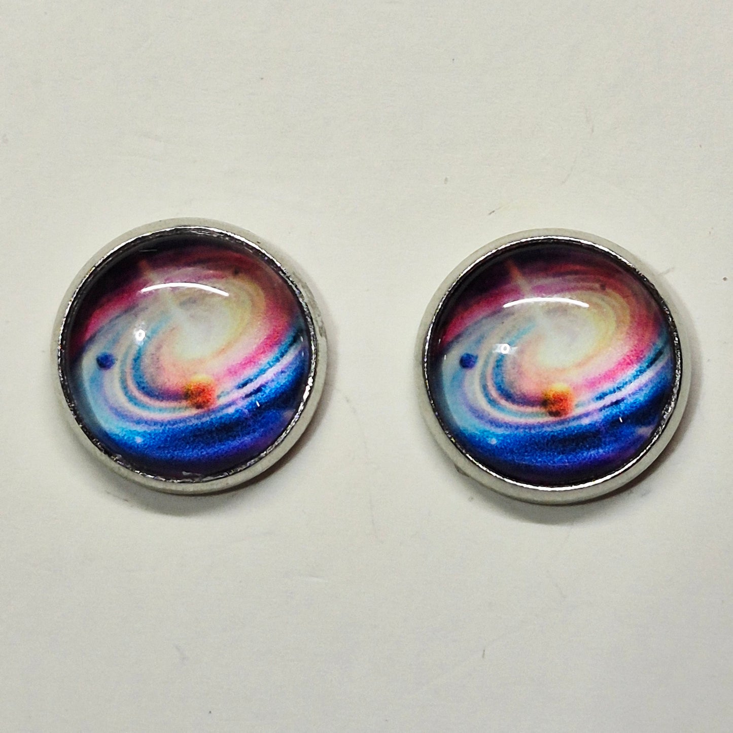 Spiral Galaxy Glass Cabochon Stud Earrings | 12mm Round Silver Bezel Cosmic Studs | Space Jewelry