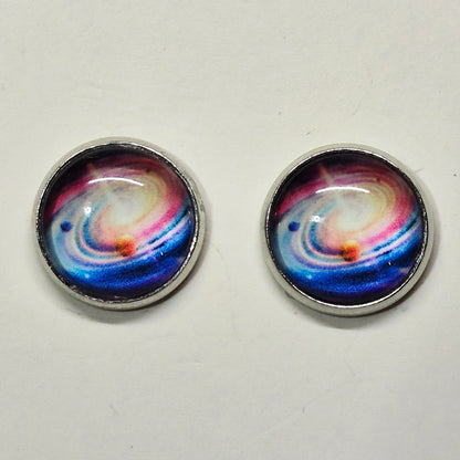 Spiral Galaxy Glass Cabochon Stud Earrings | 12mm Round Silver Bezel Cosmic Studs | Space Jewelry