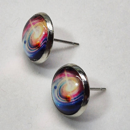 Spiral Galaxy Glass Cabochon Stud Earrings | 12mm Round Silver Bezel Cosmic Studs | Space Jewelry