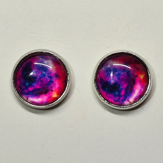 Purple Pink Galaxy Nebula Glass Cabochon Stud Earrings | 12mm Round Silver Bezel Cosmic Studs | Space Jewelry