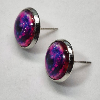 Purple Pink Galaxy Nebula Glass Cabochon Stud Earrings | 12mm Round Silver Bezel Cosmic Studs | Space Jewelry