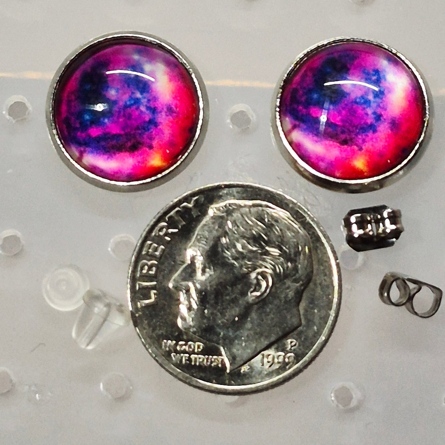 Purple Pink Galaxy Nebula Glass Cabochon Stud Earrings | 12mm Round Silver Bezel Cosmic Studs | Space Jewelry