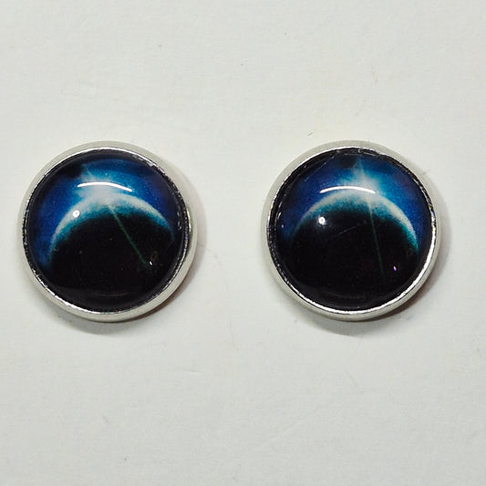 Cosmic Planet Glass Cabochon Stud Earrings | 12mm Round Silver Bezel Space Studs | Astronomy Jewelry