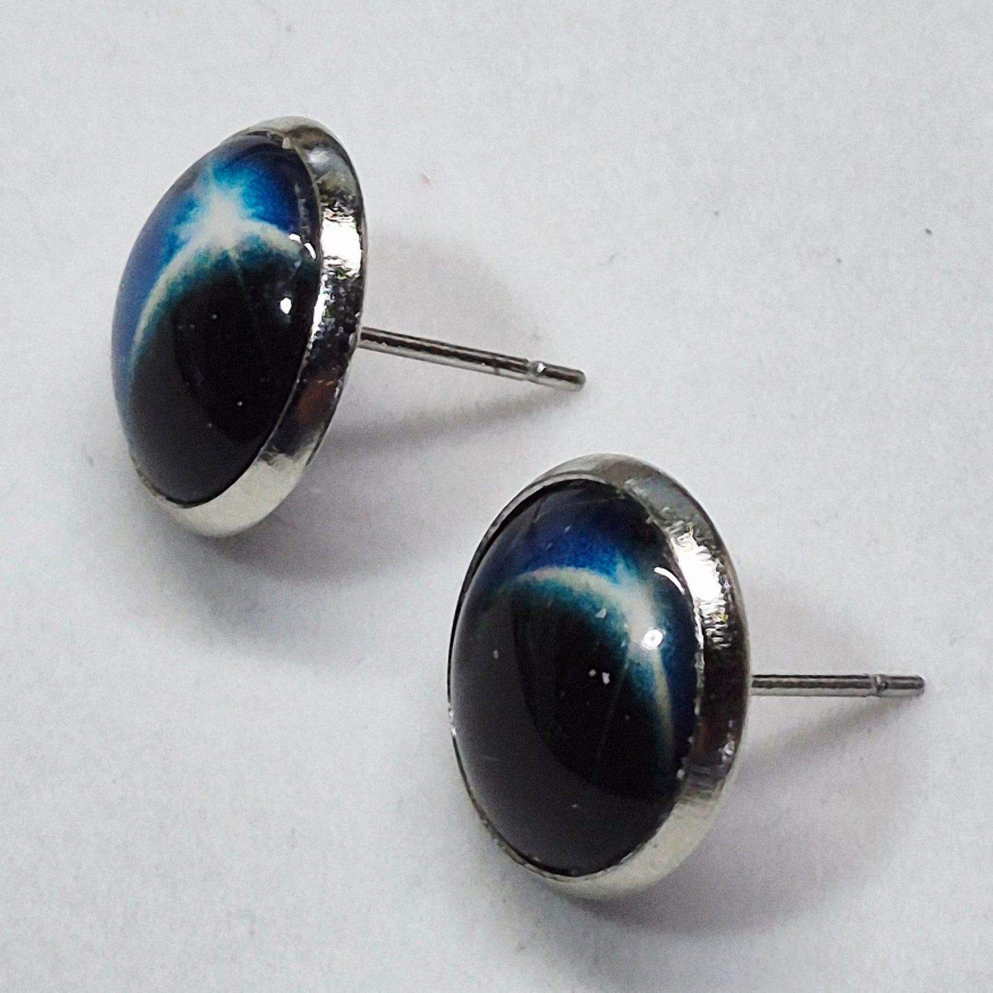 Cosmic Planet Glass Cabochon Stud Earrings | 12mm Round Silver Bezel Space Studs | Astronomy Jewelry