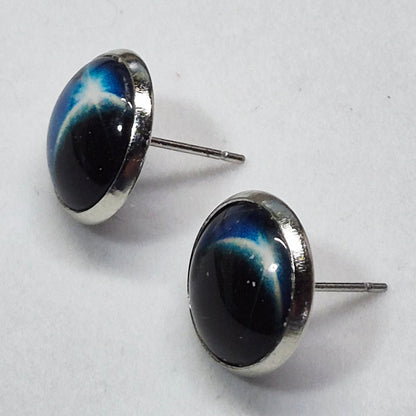 Cosmic Planet Glass Cabochon Stud Earrings | 12mm Round Silver Bezel Space Studs | Astronomy Jewelry
