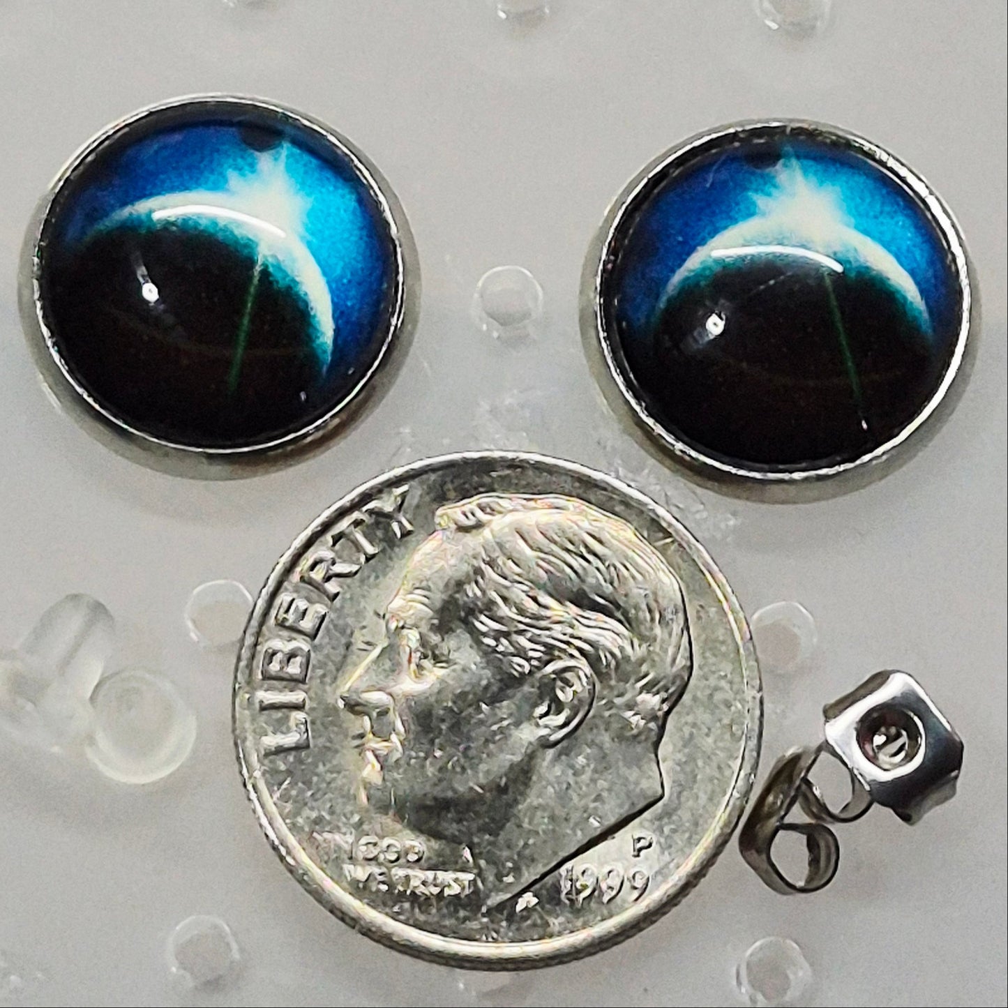 Cosmic Planet Glass Cabochon Stud Earrings | 12mm Round Silver Bezel Space Studs | Astronomy Jewelry