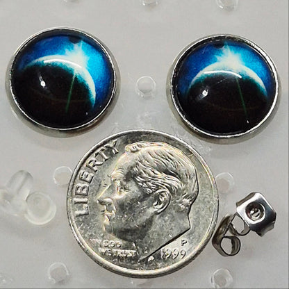 Cosmic Planet Glass Cabochon Stud Earrings | 12mm Round Silver Bezel Space Studs | Astronomy Jewelry