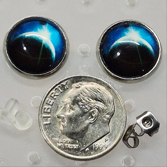 Cosmic Planet Glass Cabochon Stud Earrings | 12mm Round Silver Bezel Space Studs | Astronomy Jewelry