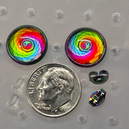 Rainbow Spiral Yin Yang Glass Cabochon Stud Earrings | 12mm Round Rainbow Metal Bezel Colorful Studs | Boho Jewelry