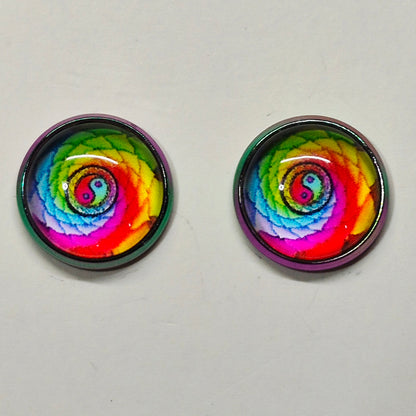 Rainbow Spiral Yin Yang Glass Cabochon Stud Earrings | 12mm Round Rainbow Metal Bezel Colorful Studs | Boho Jewelry