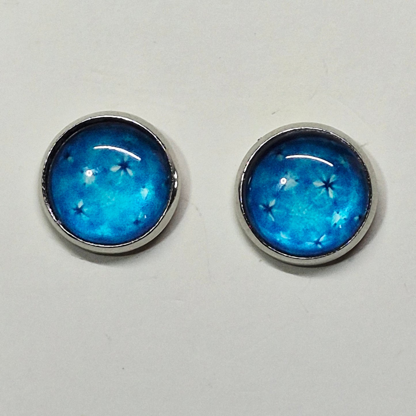 Blue Celestial Glass Cabochon Stud Earrings | 12mm Round Silver Bezel Starry Night Studs | Space Jewelry