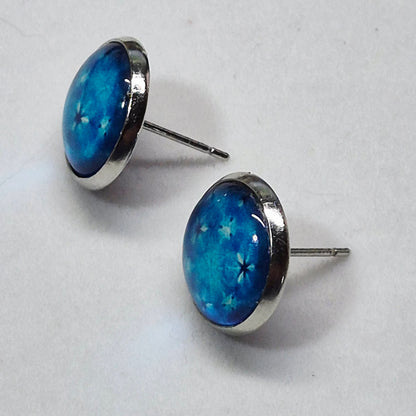 Blue Celestial Glass Cabochon Stud Earrings | 12mm Round Silver Bezel Starry Night Studs | Space Jewelry
