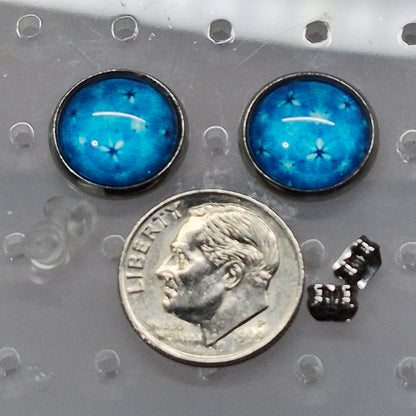 Blue Celestial Glass Cabochon Stud Earrings | 12mm Round Silver Bezel Starry Night Studs | Space Jewelry