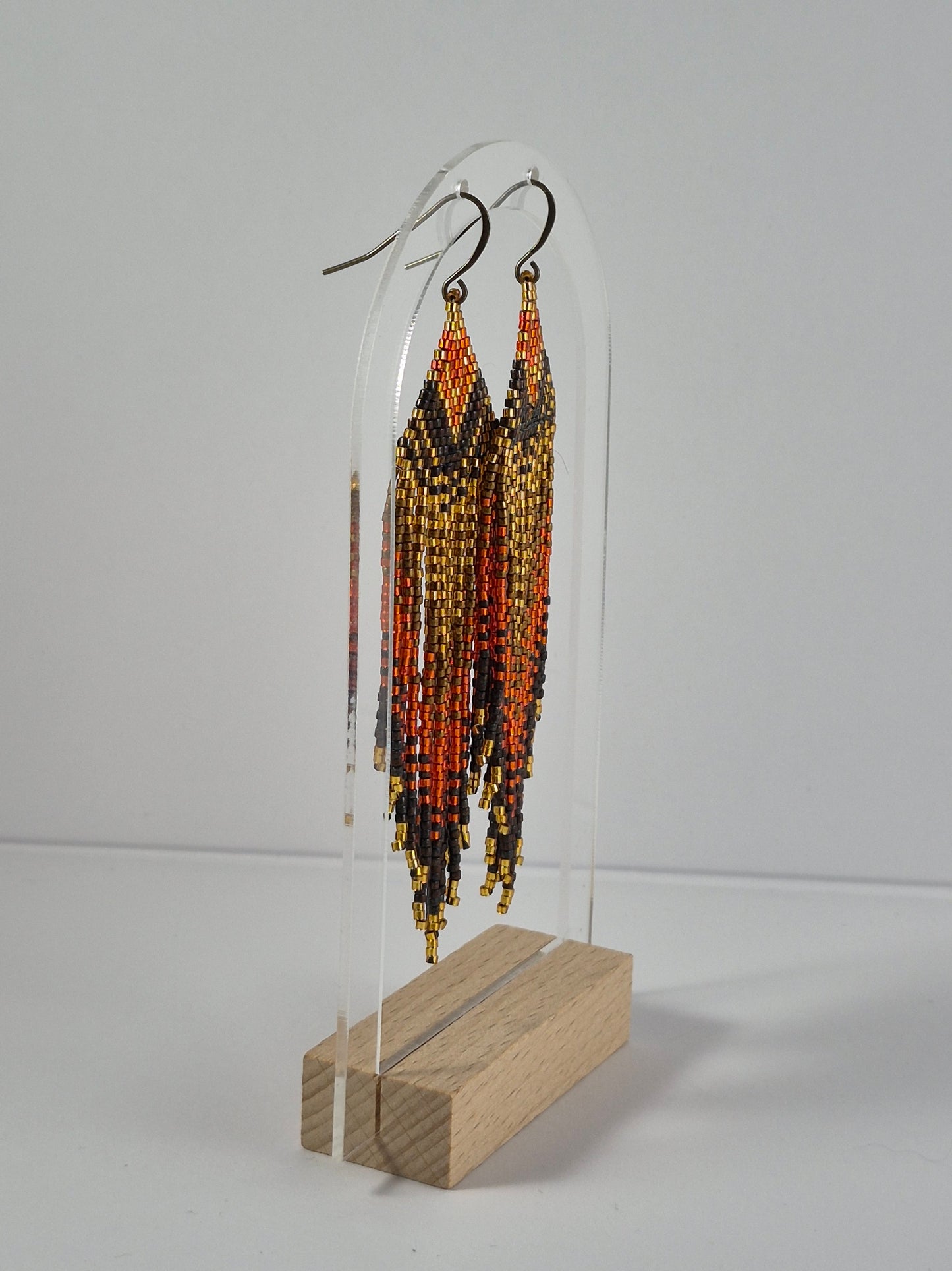 Ember & Gold Geometric Beaded Fringe Earrings | 4 Inch Miyuki Seed Bead Fringe | Handmade Statement Earrings