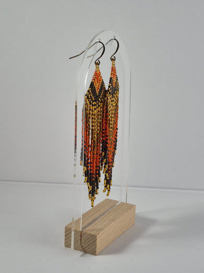 Ember & Gold Geometric Beaded Fringe Earrings | 4 Inch Miyuki Seed Bead Fringe | Handmade Statement Earrings