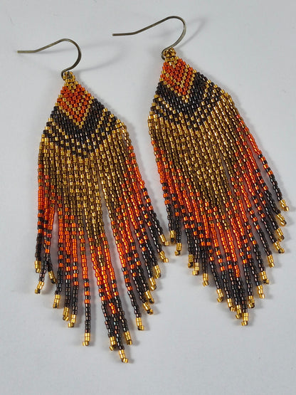 Ember & Gold Geometric Beaded Fringe Earrings | 4 Inch Miyuki Seed Bead Fringe | Handmade Statement Earrings