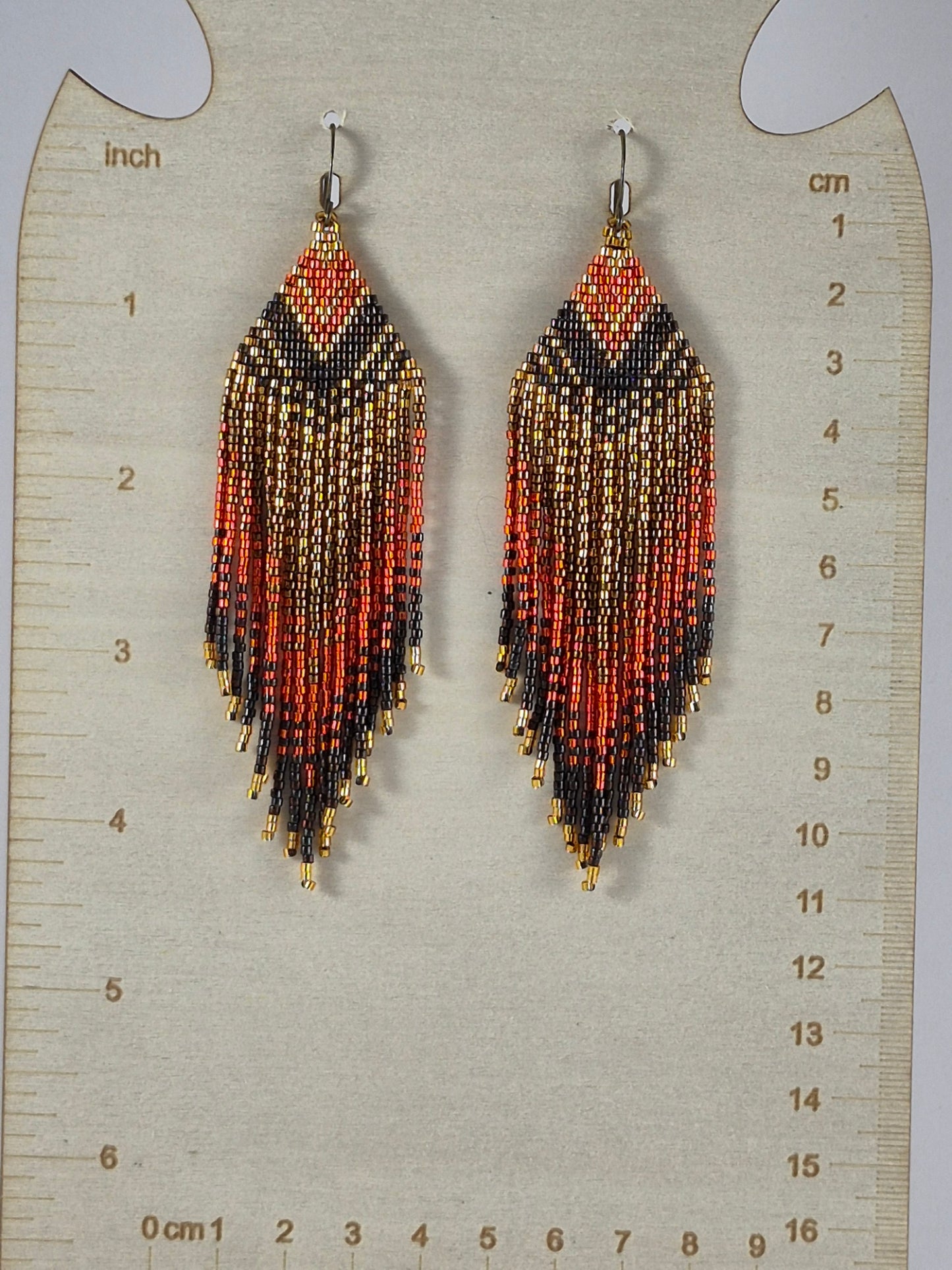 Ember & Gold Geometric Beaded Fringe Earrings | 4 Inch Miyuki Seed Bead Fringe | Handmade Statement Earrings