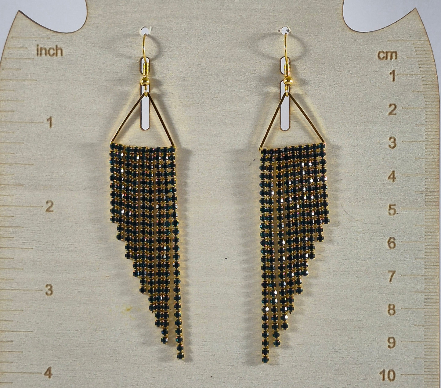 Iridescent Turquoise & Gold Cup Chain Fringe Earrings | Rhinestone Cascade Statement Earrings
