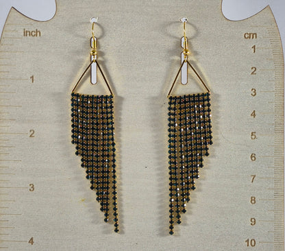 Iridescent Turquoise & Gold Cup Chain Fringe Earrings | Rhinestone Cascade Statement Earrings