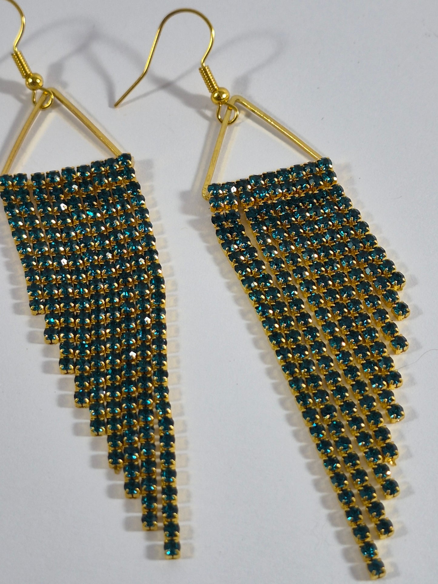 Iridescent Turquoise & Gold Cup Chain Fringe Earrings | Rhinestone Cascade Statement Earrings