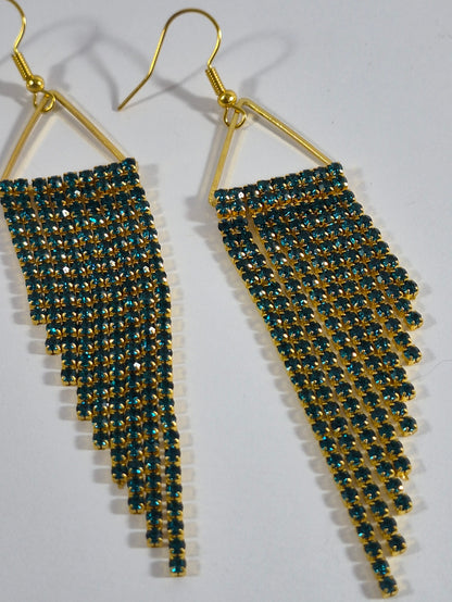 Iridescent Turquoise & Gold Cup Chain Fringe Earrings | Rhinestone Cascade Statement Earrings