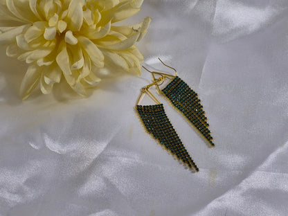 Iridescent Turquoise & Gold Cup Chain Fringe Earrings | Rhinestone Cascade Statement Earrings