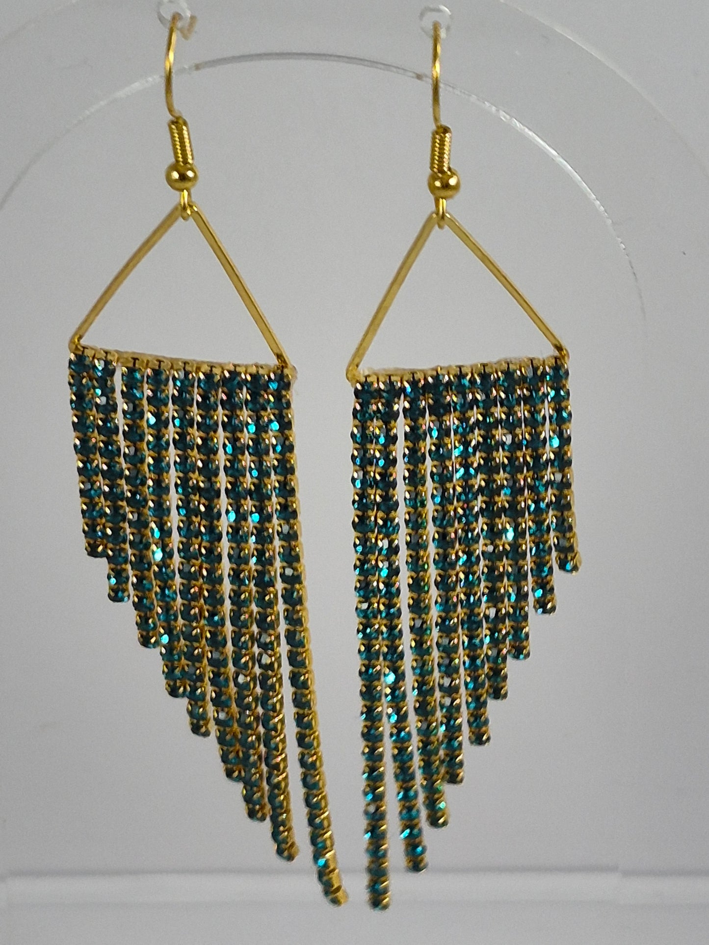 Iridescent Turquoise & Gold Cup Chain Fringe Earrings | Rhinestone Cascade Statement Earrings