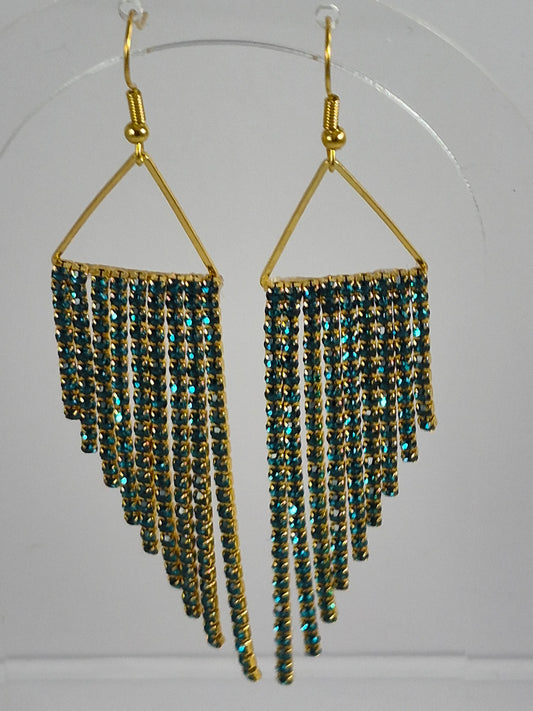 Iridescent Turquoise & Gold Cup Chain Fringe Earrings | Rhinestone Cascade Statement Earrings
