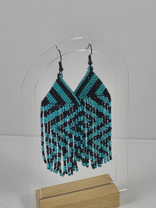 Teal & Black Geometric Beaded Fringe Earrings | 4 Inch Miyuki Seed Bead Fringe | Handmade Statement Earrings