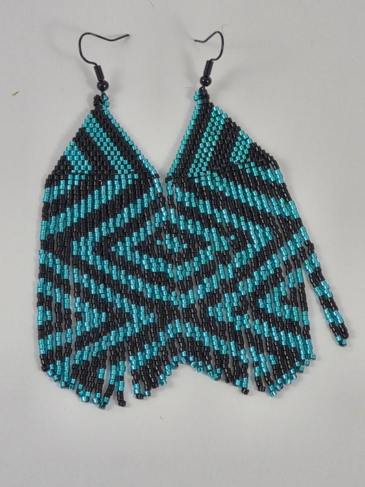 Teal & Black Geometric Beaded Fringe Earrings | 4 Inch Miyuki Seed Bead Fringe | Handmade Statement Earrings