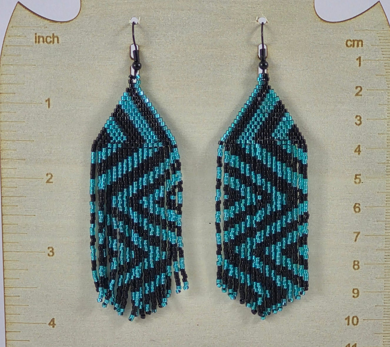 Teal & Black Geometric Beaded Fringe Earrings | 4 Inch Miyuki Seed Bead Fringe | Handmade Statement Earrings