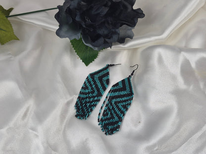 Teal & Black Geometric Beaded Fringe Earrings | 4 Inch Miyuki Seed Bead Fringe | Handmade Statement Earrings
