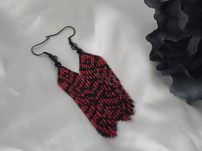 Crimson & Black Zigzag Beaded Fringe Earrings | 4 Inch Miyuki Seed Bead Fringe | Handmade Statement Earrings