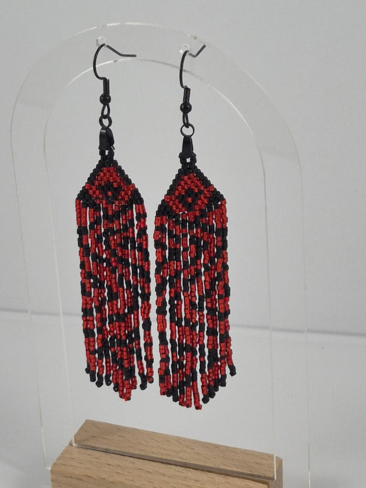 Crimson & Black Zigzag Beaded Fringe Earrings | 4 Inch Miyuki Seed Bead Fringe | Handmade Statement Earrings