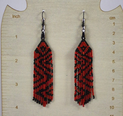 Crimson & Black Zigzag Beaded Fringe Earrings | 4 Inch Miyuki Seed Bead Fringe | Handmade Statement Earrings