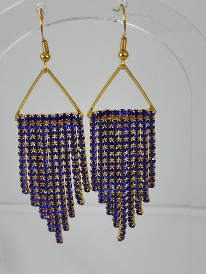 Sapphire Blue & Gold Cup Chain Fringe Earrings | 3 Inch Rhinestone Cascade | Handmade Statement Earrings