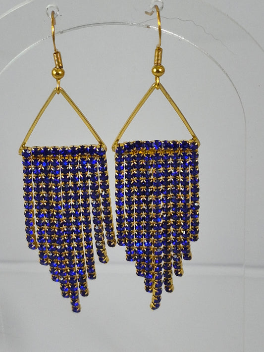 Sapphire Blue & Gold Cup Chain Fringe Earrings | 3 Inch Rhinestone Cascade | Handmade Statement Earrings