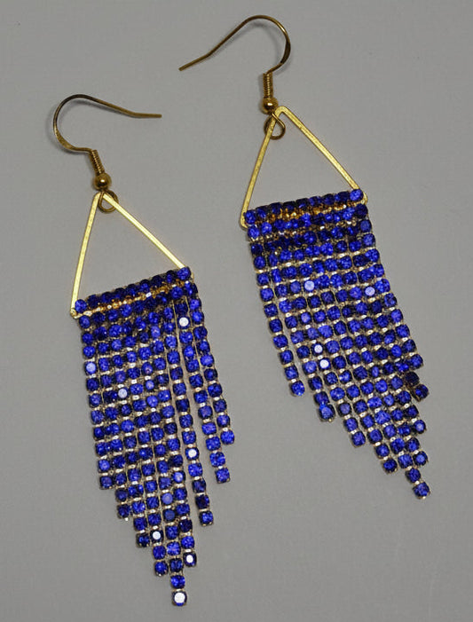 Sapphire Blue & Gold Cup Chain Fringe Earrings | 3 Inch Rhinestone Cascade | Handmade Statement Earrings