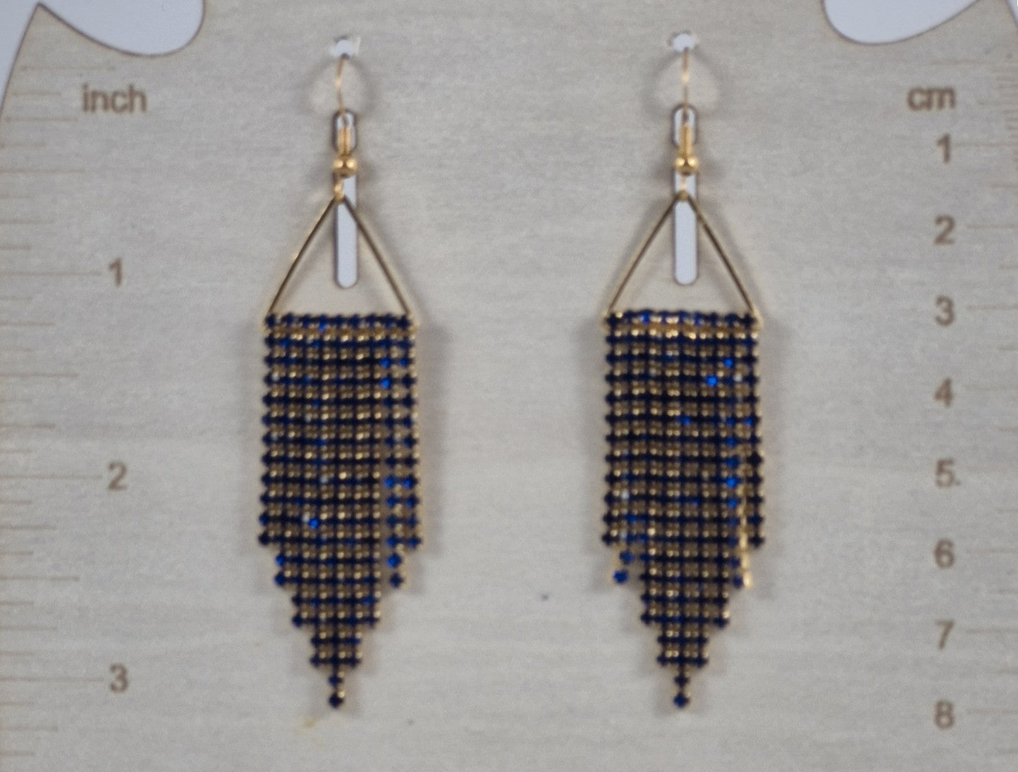 Sapphire Blue & Gold Cup Chain Fringe Earrings | 3 Inch Rhinestone Cascade | Handmade Statement Earrings