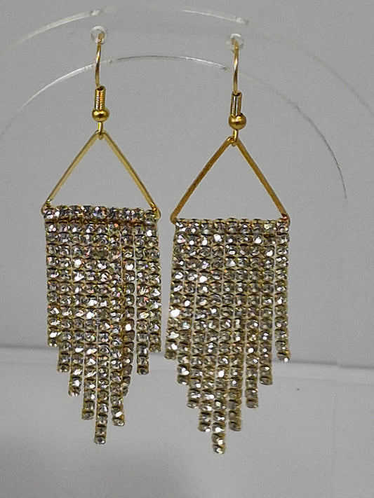 Aurora Borealis Crystal & Gold Cup Chain Fringe Earrings | 3 Inch AB Rhinestone Cascade | Handmade Statement Earrings