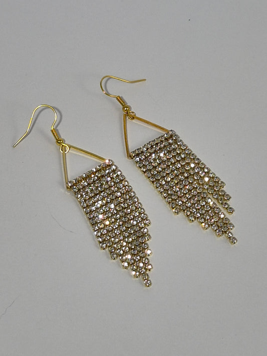 Aurora Borealis Crystal & Gold Cup Chain Fringe Earrings | 3 Inch AB Rhinestone Cascade | Handmade Statement Earrings