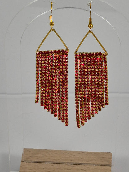 Ruby Red & Gold Cup Chain Fringe Earrings | 3.5 Inch Rhinestone Cascade | Handmade Statement Earrings