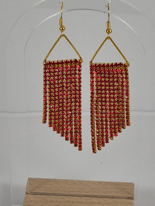 Ruby Red & Gold Cup Chain Fringe Earrings | 3.5 Inch Rhinestone Cascade | Handmade Statement Earrings