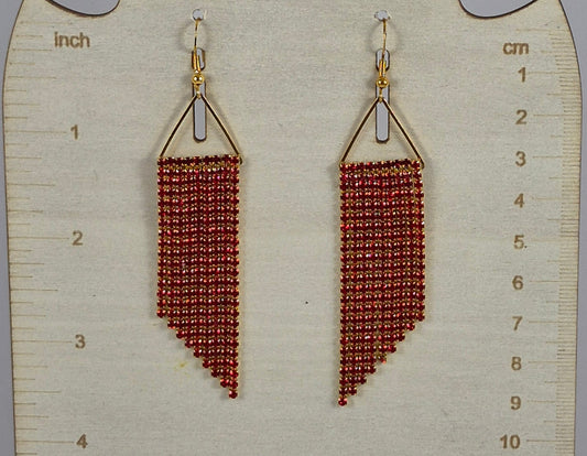 Ruby Red & Gold Cup Chain Fringe Earrings | 3.5 Inch Rhinestone Cascade | Handmade Statement Earrings